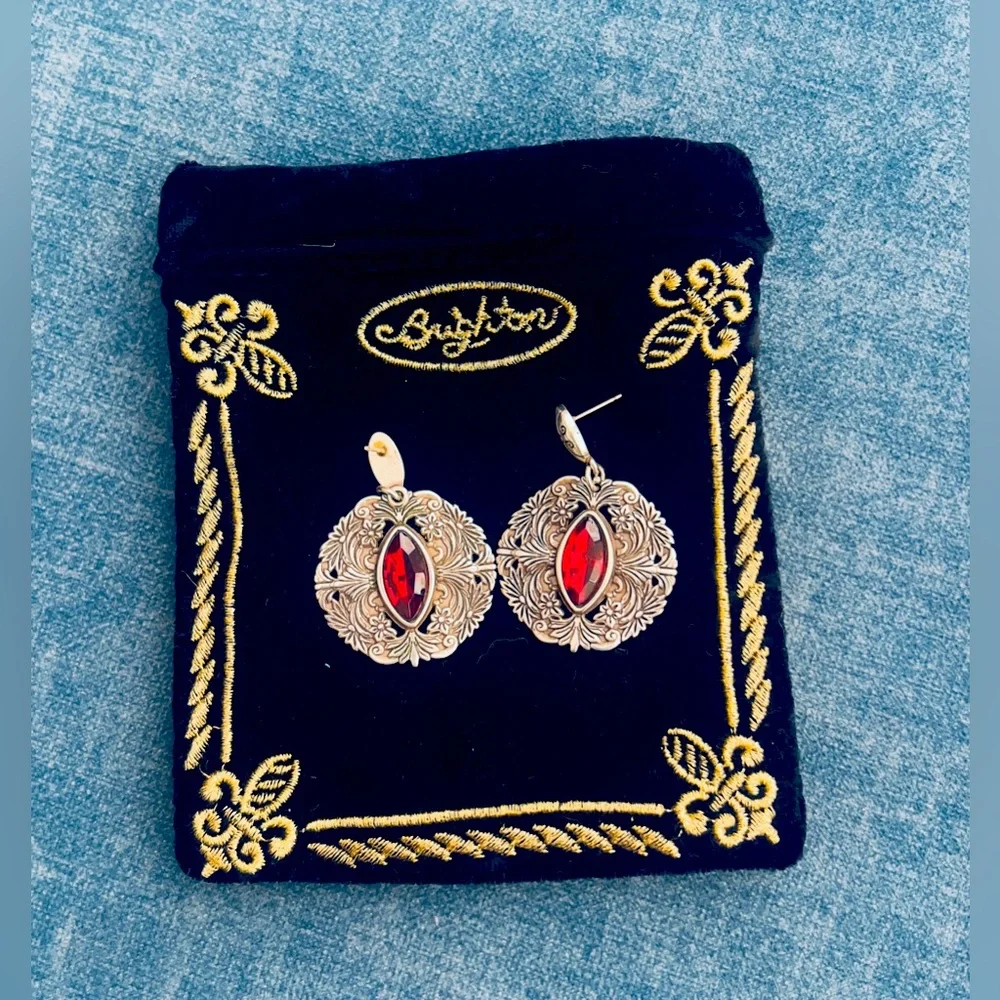 Brighton Rouge Lace Silver Plate Drop Post Earring w Red Navette Crystal - Picture 1 of 7